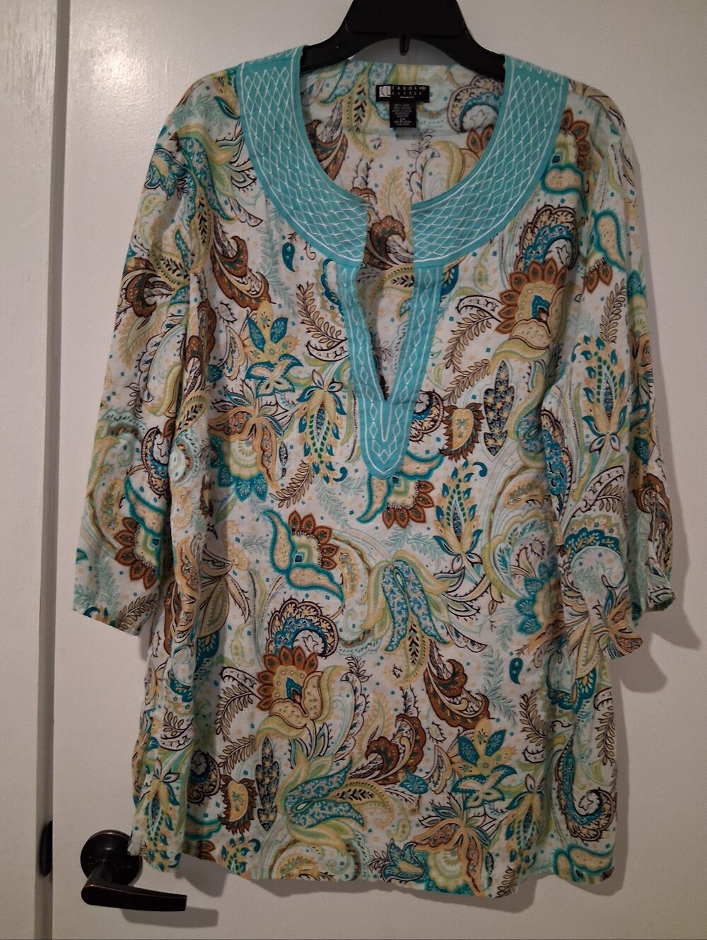 Carol Little Teal, Brown and Cream Paisley Split-Neck Tunic
